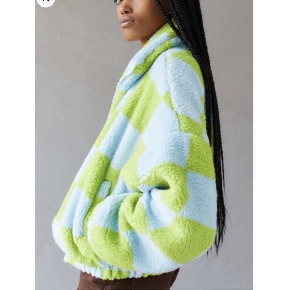 Urban Outfitters Cloud Plush Teddy Jacket Checked Zip Up Large - Picture 2 of 12